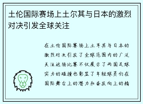 土伦国际赛场上土尔其与日本的激烈对决引发全球关注